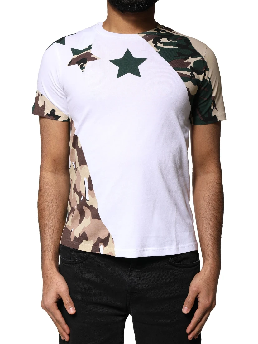 White Camouflage Stars Crew Neck T-shirt