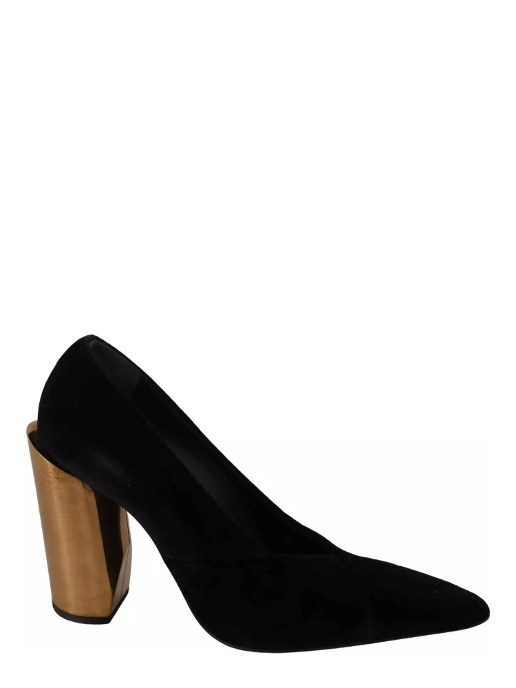 Black Leather Suede Block Heels Pumps Shoes