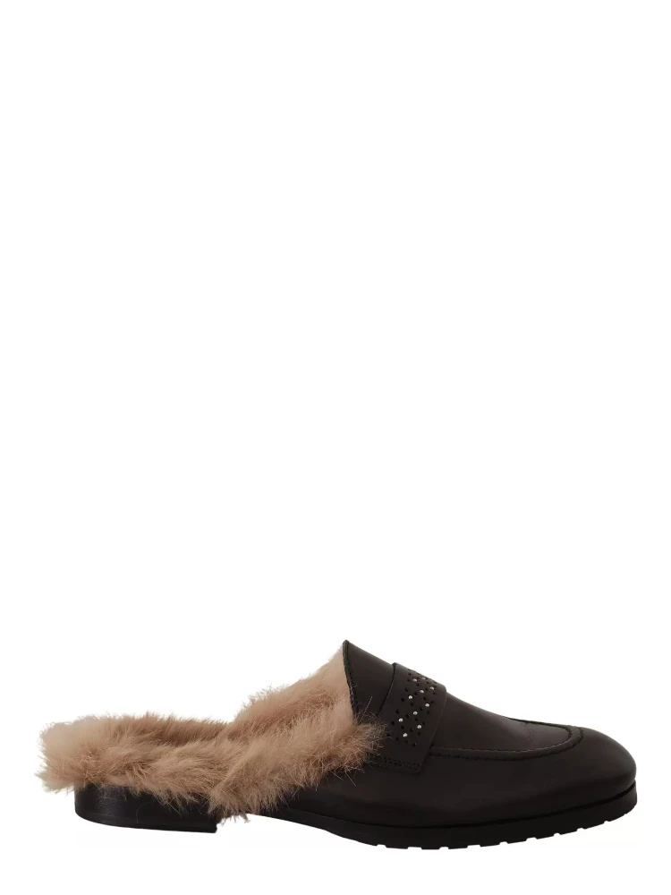 Black Leather Fur Perforated Slip On Flats Shoes
