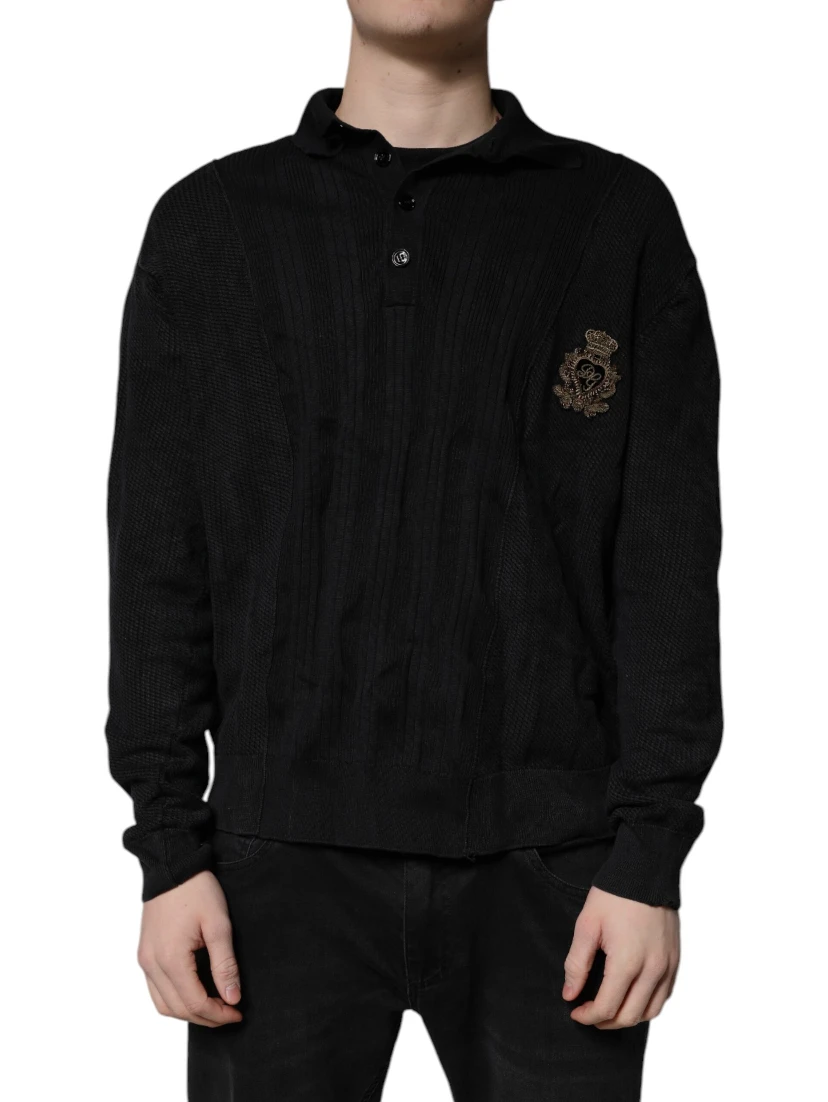 Black Heraldic Silk Buttoned Pullover Sweater