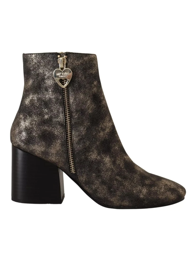 Black Leather Block Heels Ankle Boots Zipper Shoes