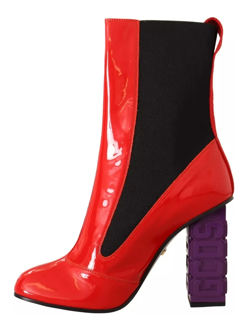 Red Leather Black Fabric Logo Heel Ankle Boots Shoes