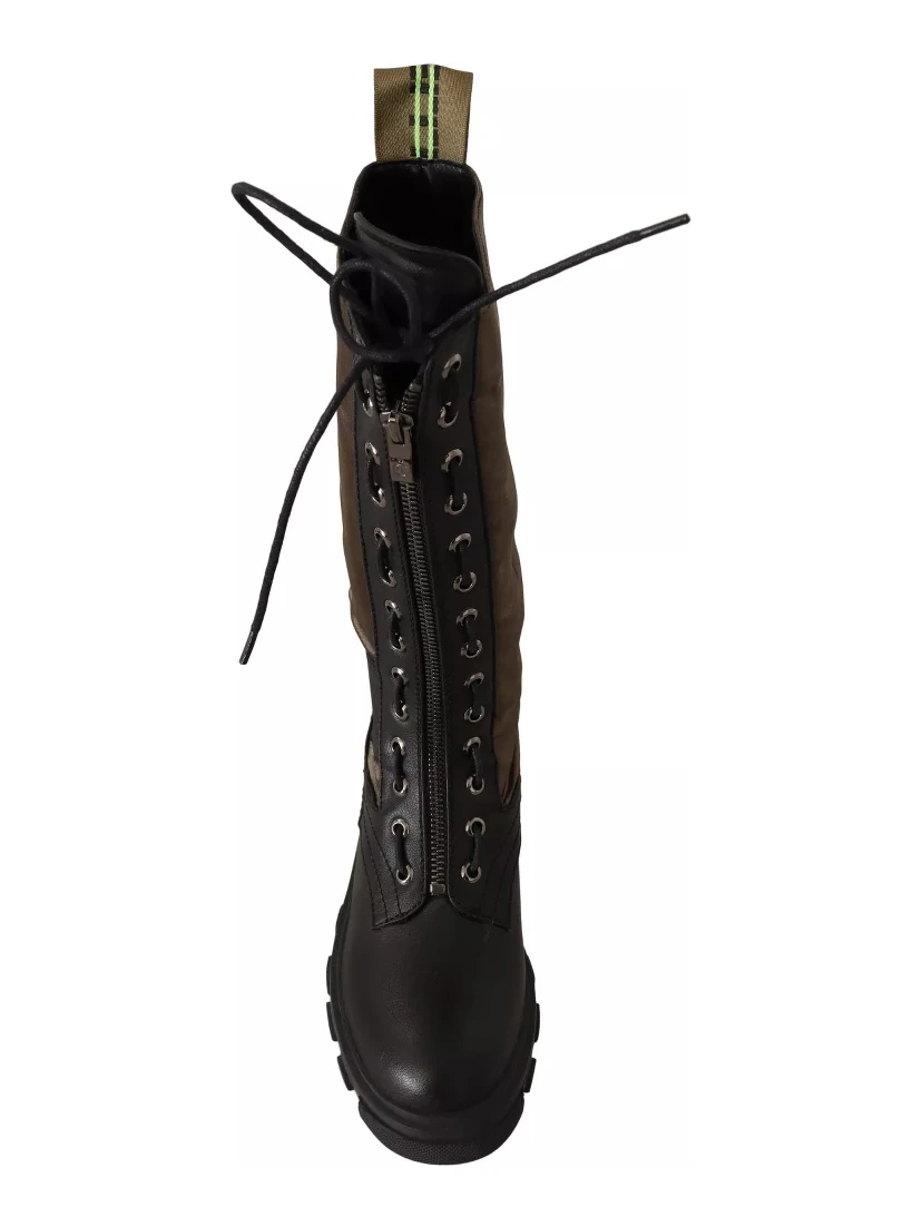 Black Green High Combat Boots Lace Up Military Shoes