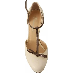 Off White Leather T-Strap Heels Sandals Shoes