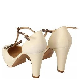 Off White Leather T-Strap Heels Sandals Shoes