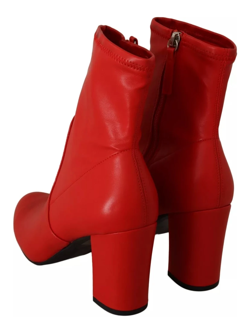 Red Leather Block Heels Ankle Boots Shoes