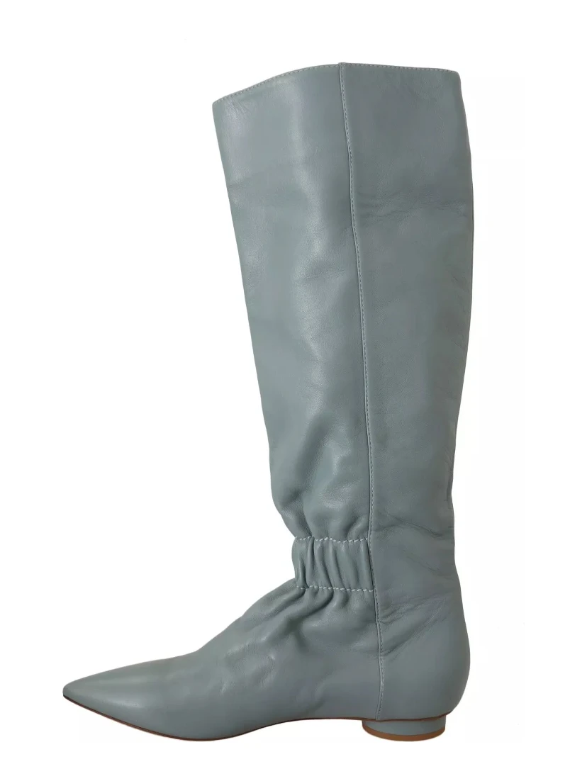 Blue Leather Elastic Flats Pull On Knee High Boots Shoes