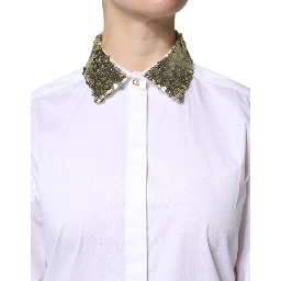 White Cotton Long Sleeves Sequin Shirt Top
