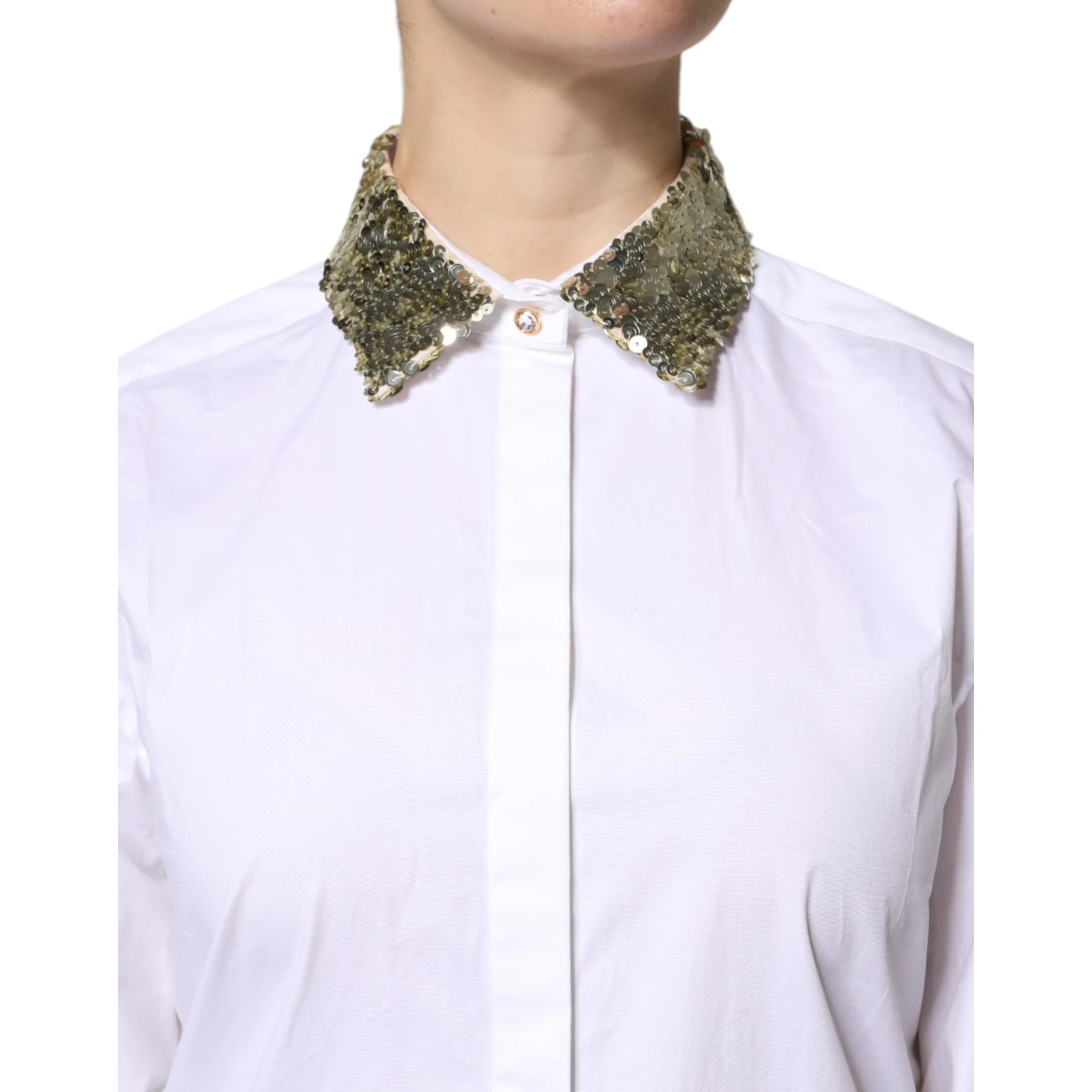 White Cotton Long Sleeves Sequin Shirt Top