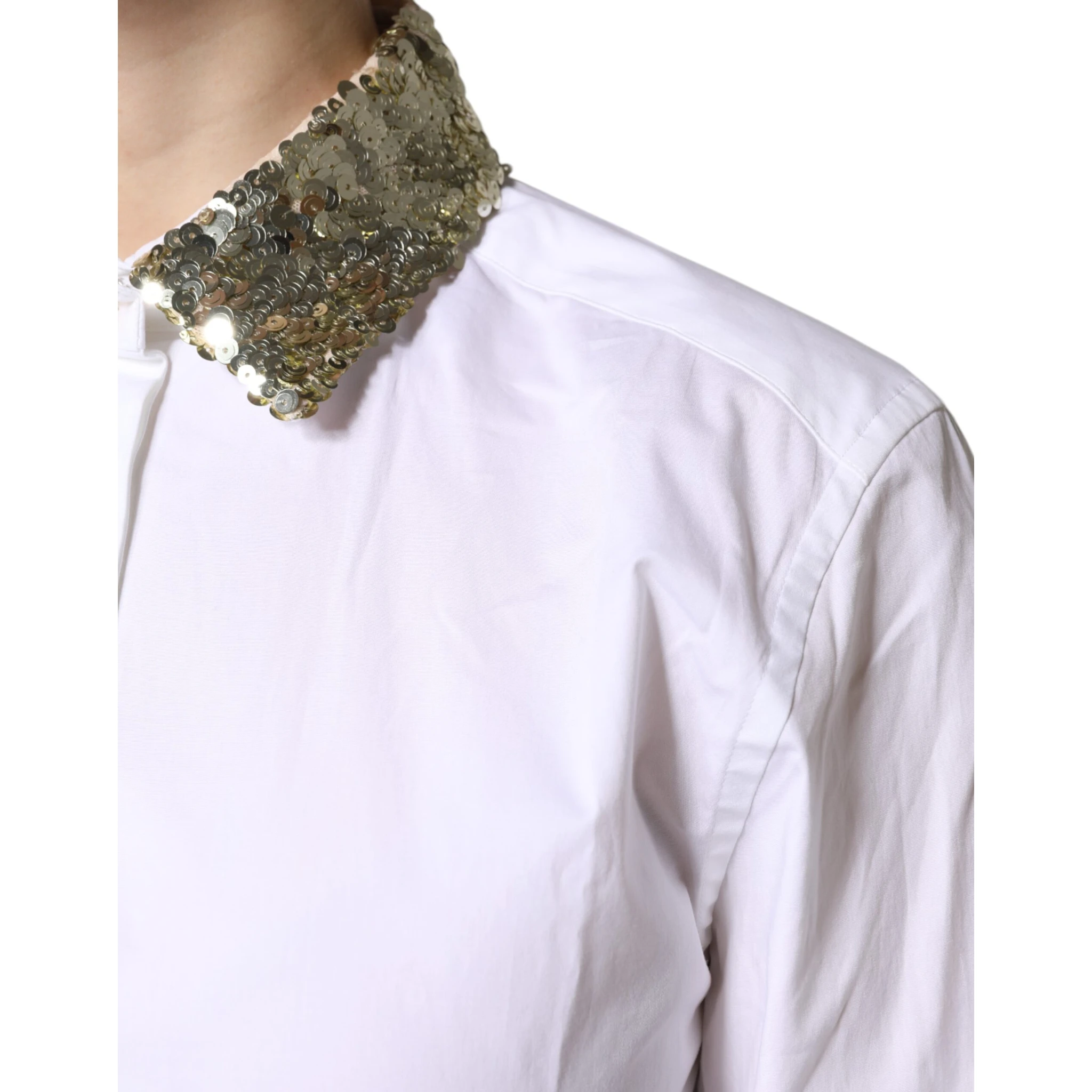 White Cotton Long Sleeves Sequin Shirt Top