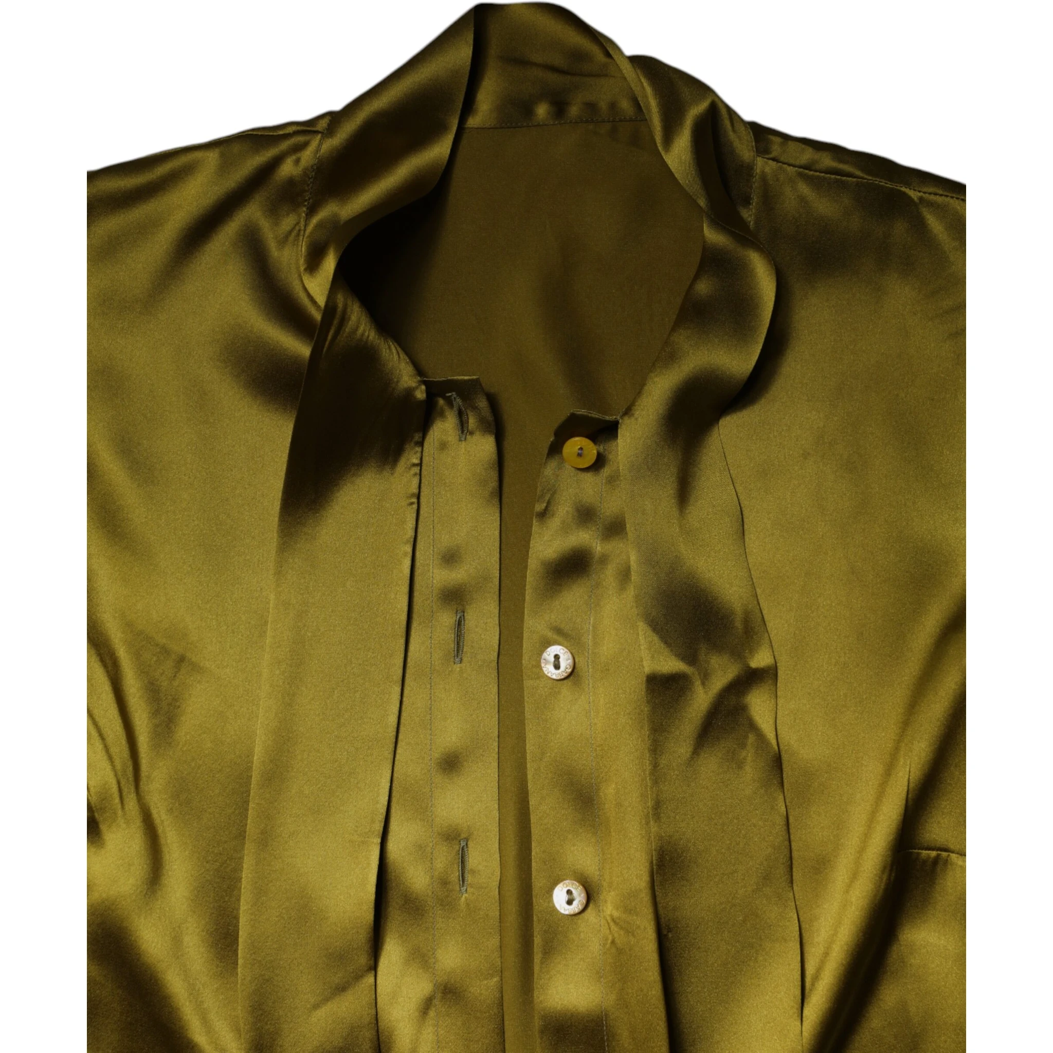 Olive Green Ascot Collar Long Sleeve Blouse Top