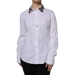 White Embellished Collared Dress Shirt Top