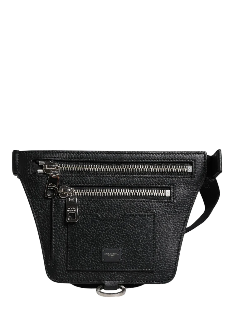 Black Calfskin Logo Plaque Belt Waist Men Fanny Pack Bag alternative