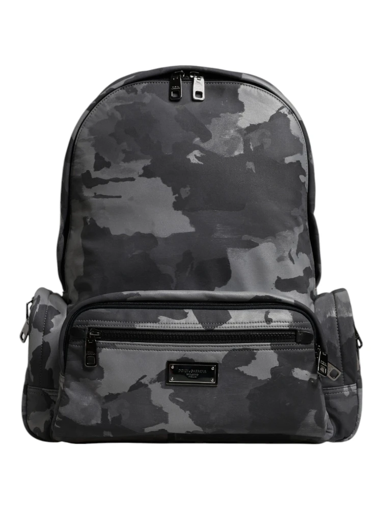 Gray Cotton Camouflage Logo Plaque Backpack Bag