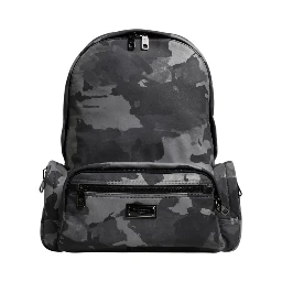Gray Cotton Camouflage Logo Plaque Backpack Bag