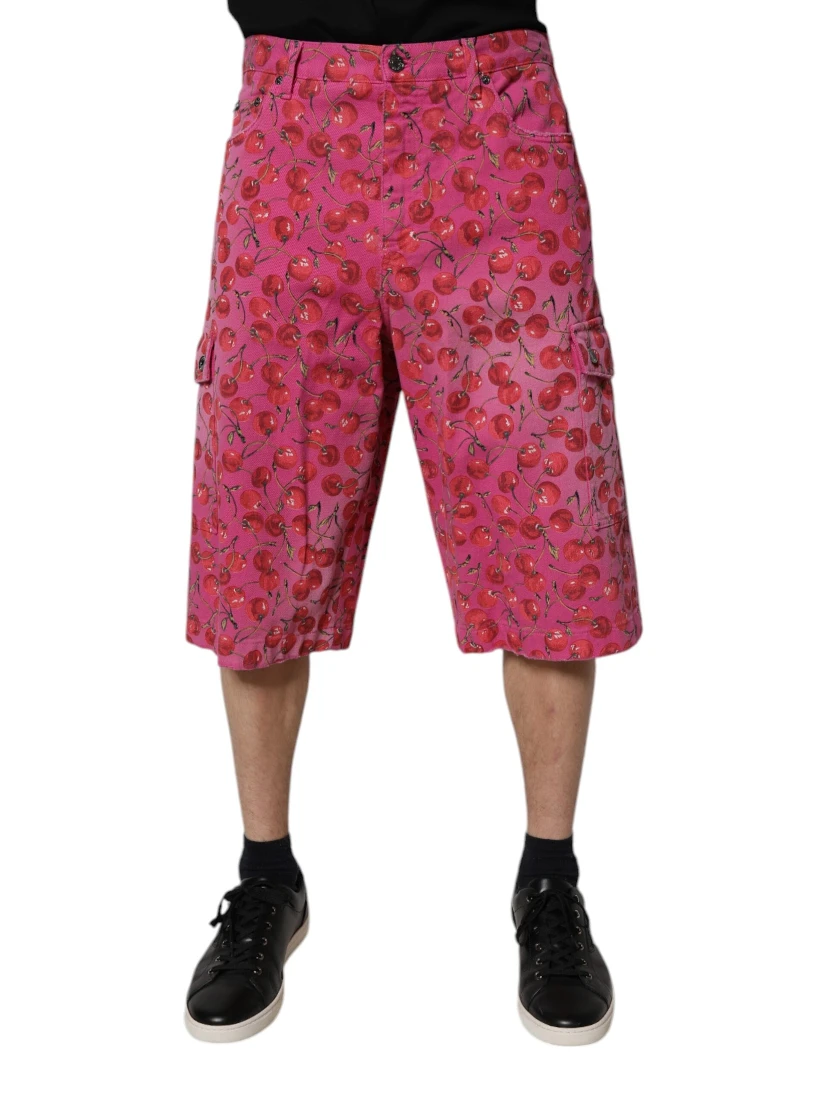 Pink Cherry Print Cargo Cotton Shorts