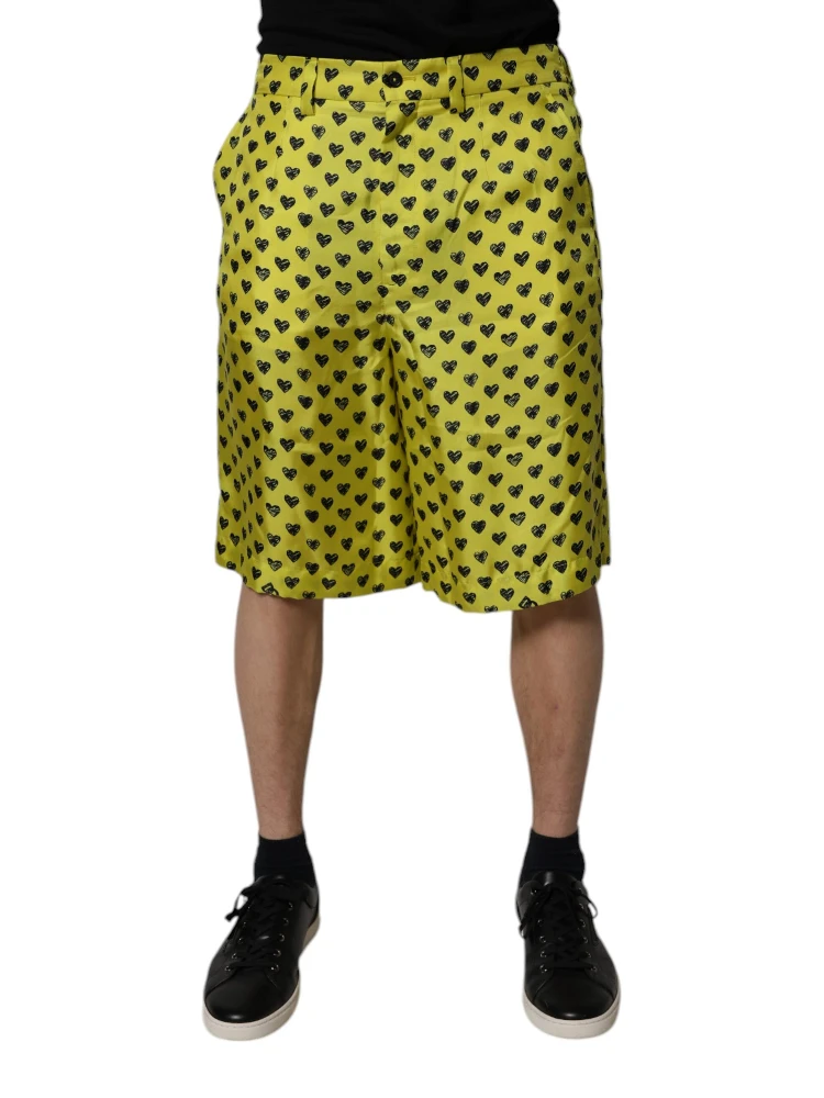 Green Silk Heart Print Bermuda Shorts