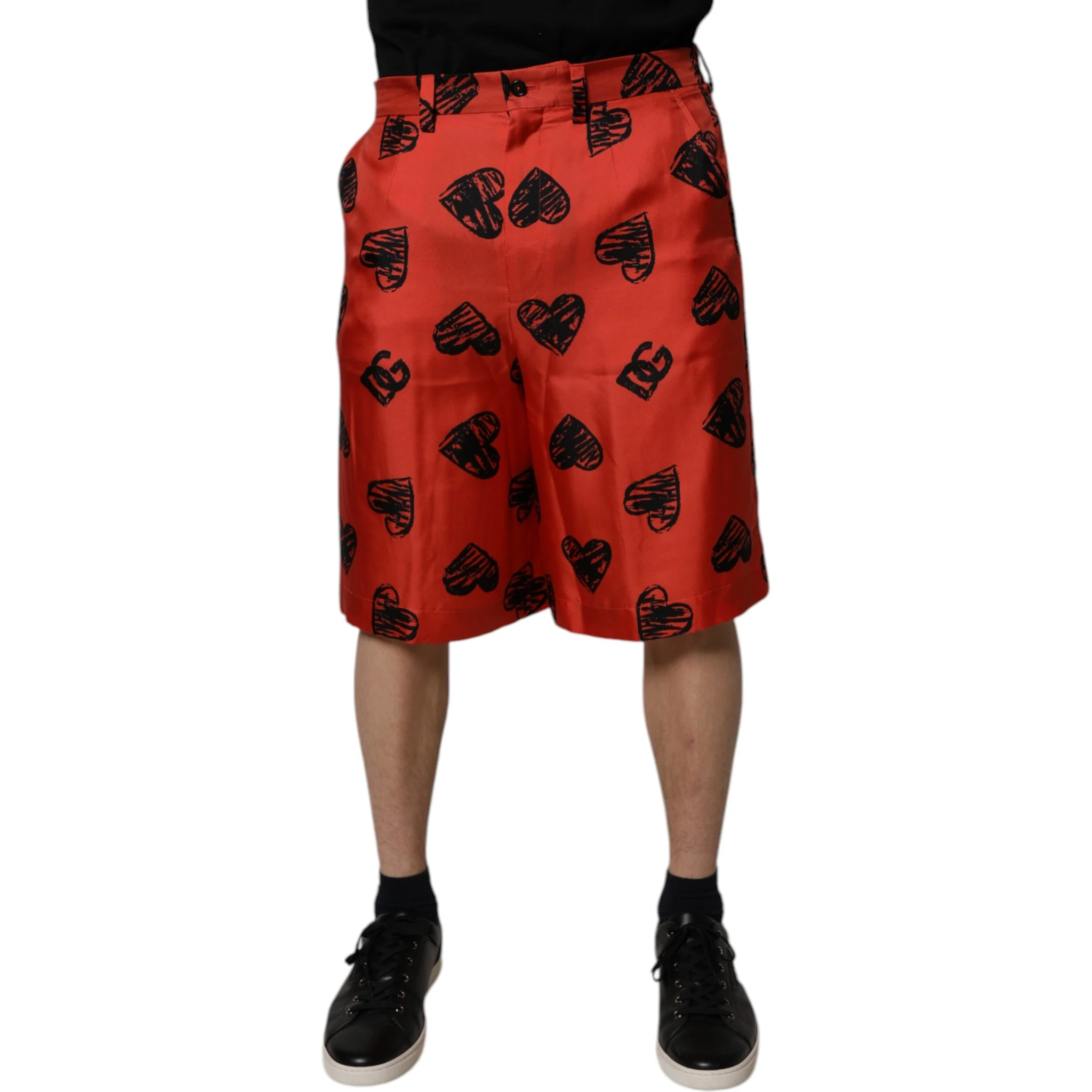 Orange Silk Heart Print Bermuda Shorts