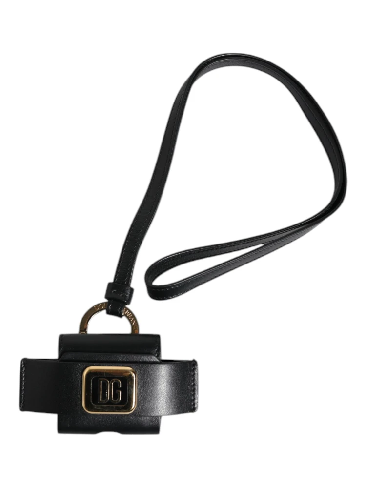 Black Leather Strap Gold Metal Logo Plaque Airpods Case