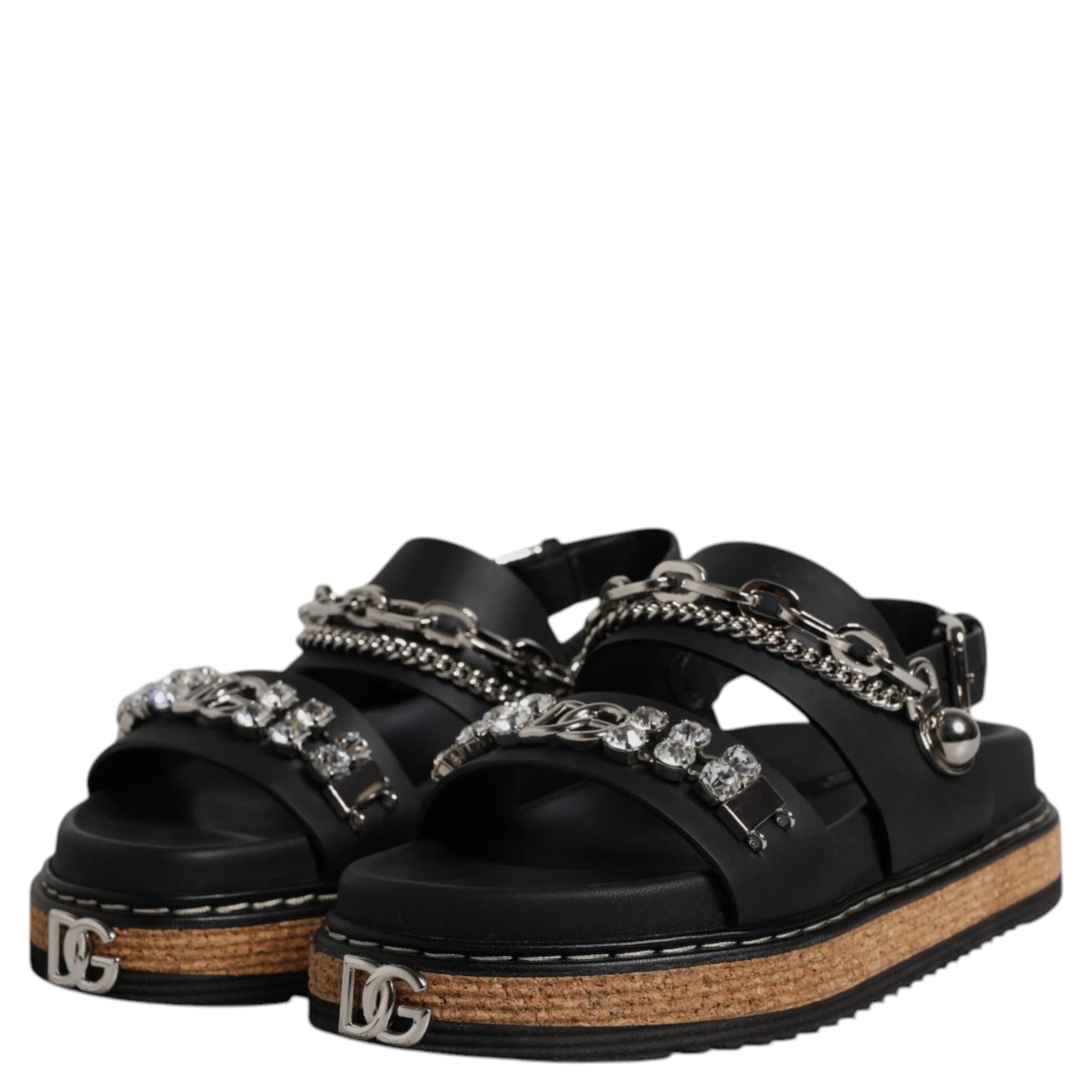Black Crystal Embellish Strap Sandals Shoes