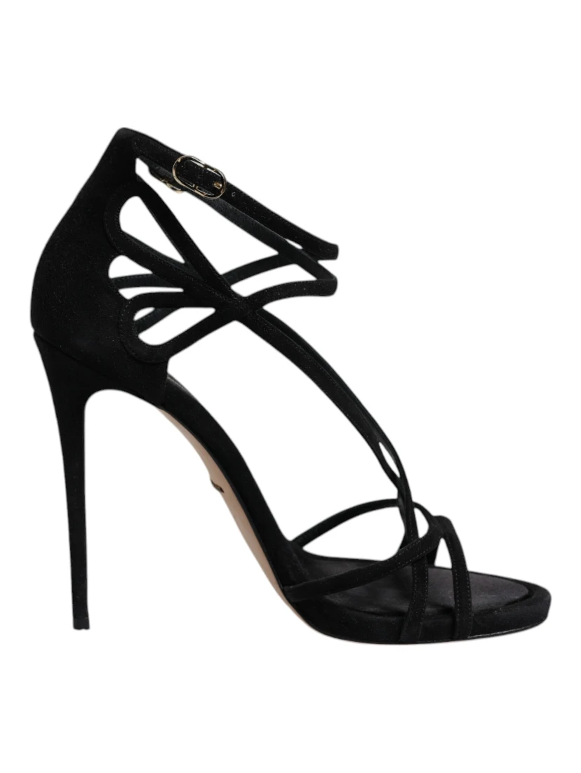 Black Leather Stiletto Heels Sandals Shoes
