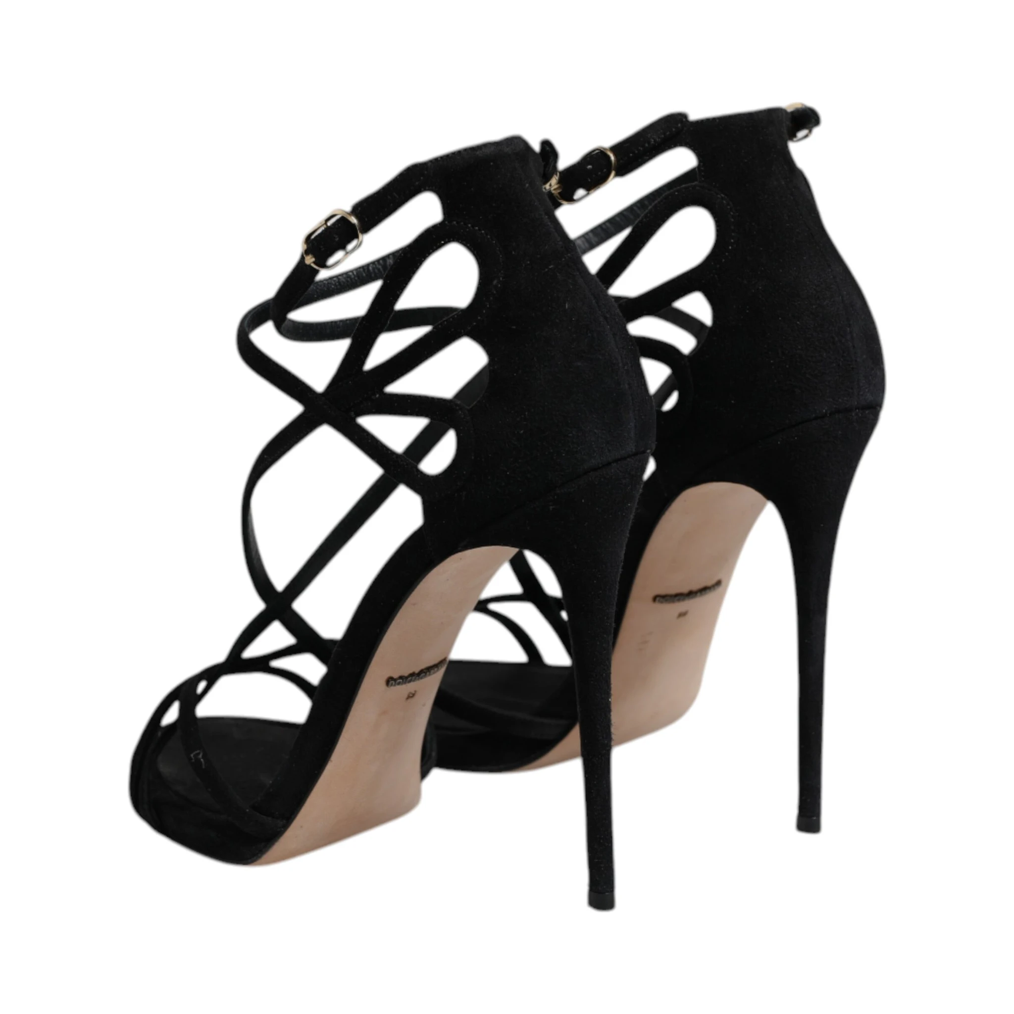 Black Leather Stiletto Heels Sandals Shoes