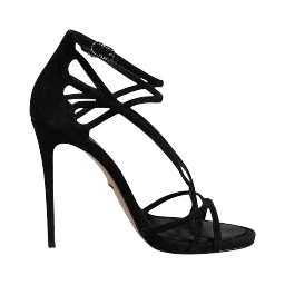 Black Leather Stiletto Heels Sandals Shoes