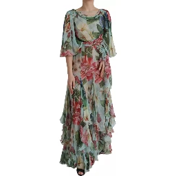 Blue Floral Print Tiered Long Maxi Dress