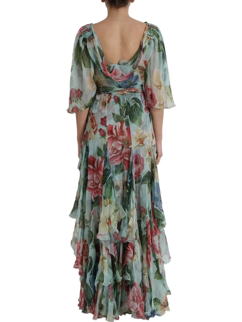 Blue Floral Print Tiered Long Maxi Dress