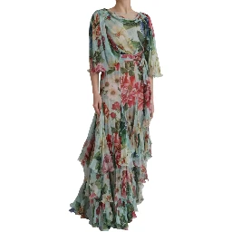 Blue Floral Print Tiered Long Maxi Dress