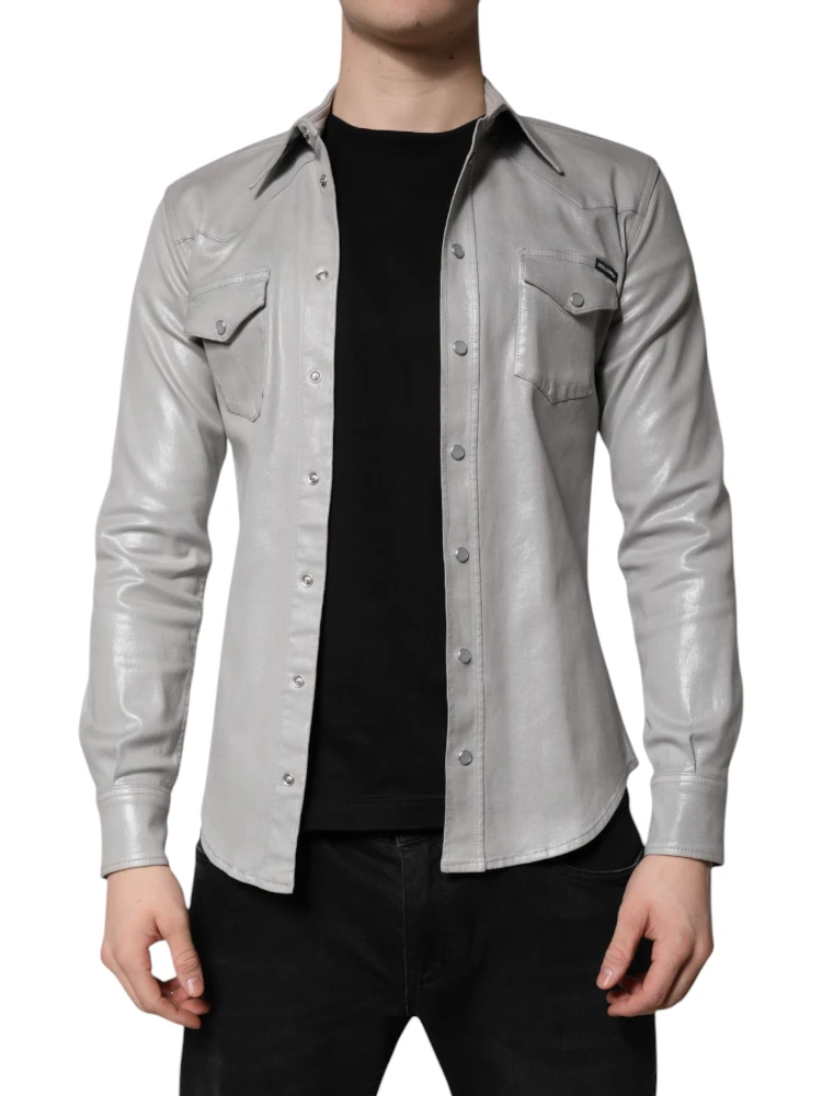 Metallic Gray Cotton Button Down Shirt