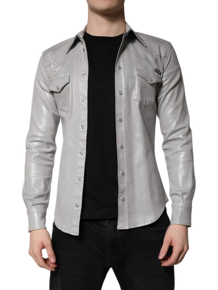 Metallic Gray Cotton Button Down Shirt alternative