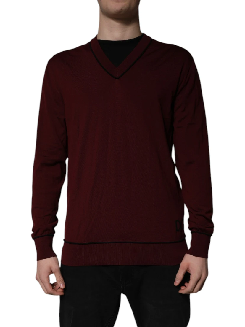 Maroon Cashmere V-neck Men Pullover Sweater