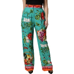 Green Silk Printed Straight Pants