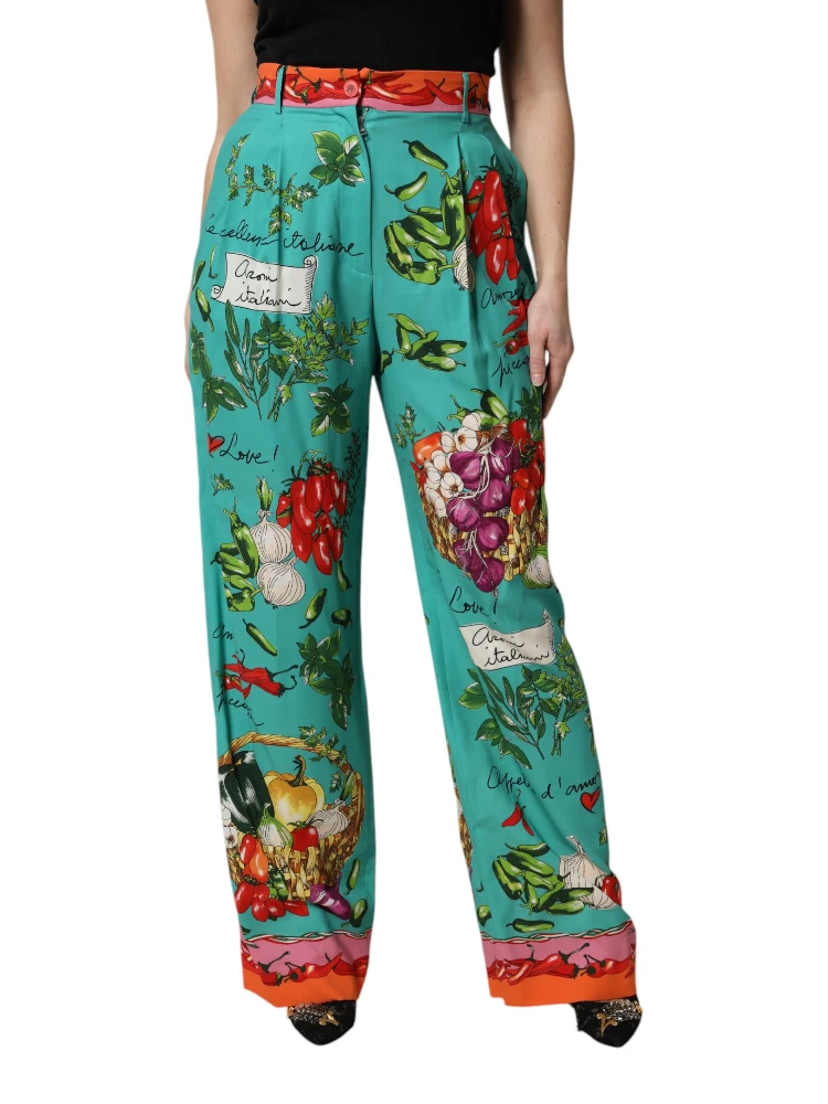 Green Silk Printed Straight Pants