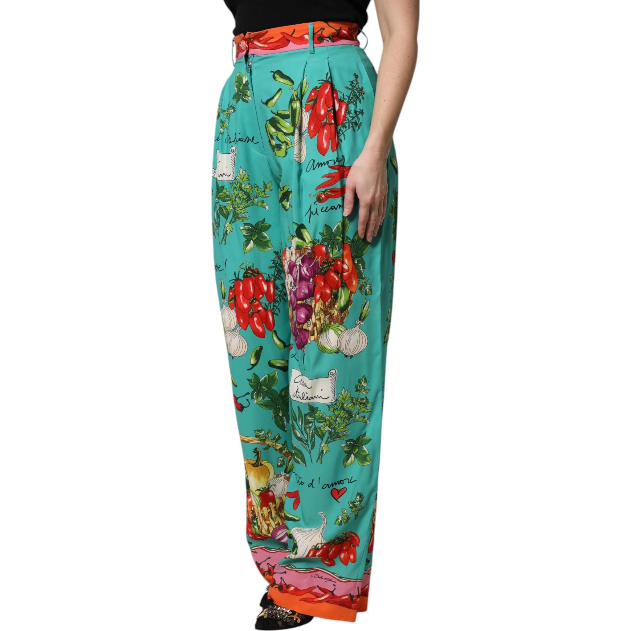 Green Silk Printed Straight Pants