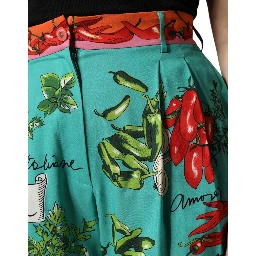 Green Silk Printed Straight Pants