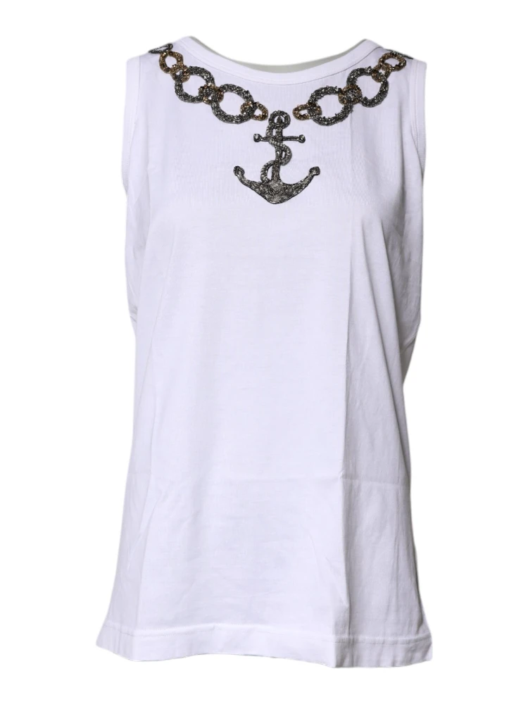 White Cotton Anchor Chain Embroidery Tank Top