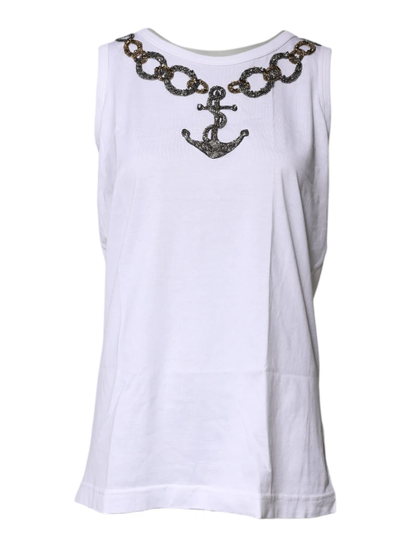 White Cotton Anchor Chain Embroidery Tank Top
