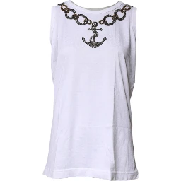 White Cotton Anchor Chain Embroidery Tank Top