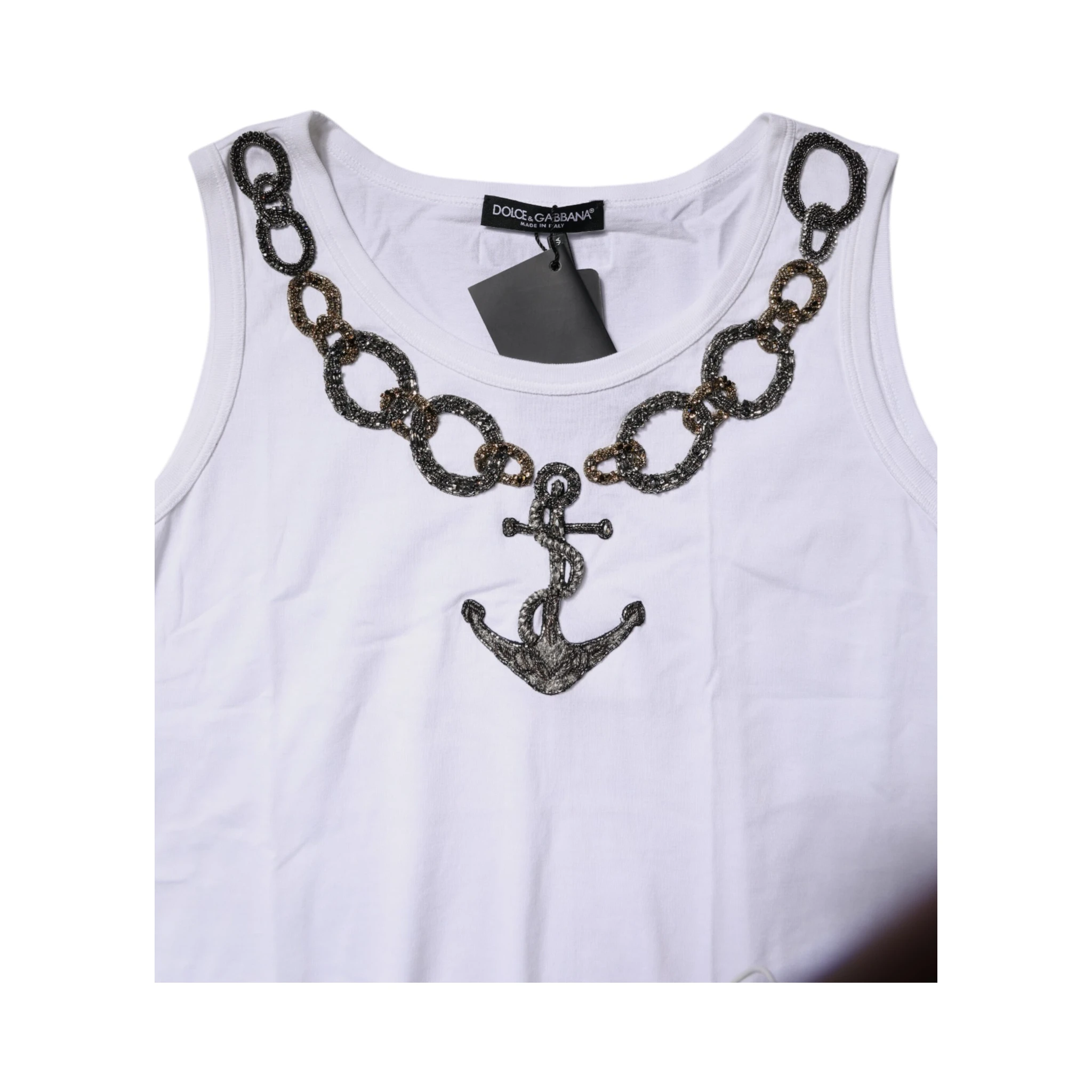 White Cotton Anchor Chain Embroidery Tank Top