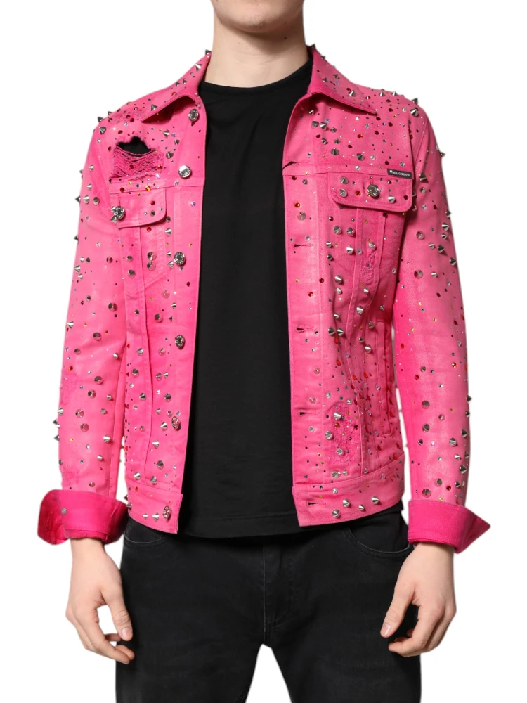 Pink Crystal Embellished Cotton Denim Jacket
