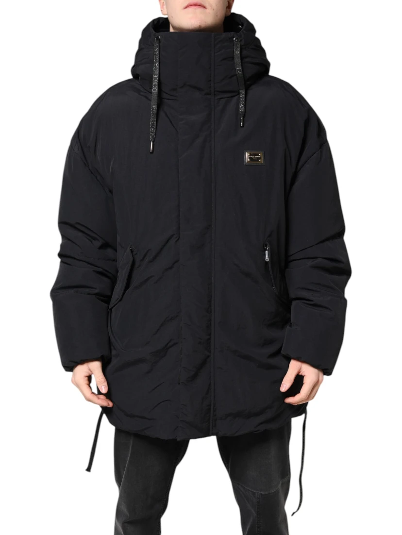Black Nylon Full Zip Hooded Parka Jacket