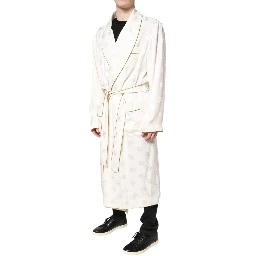 Ivory Silk Logo Men Wrap Robe Coat Jacket