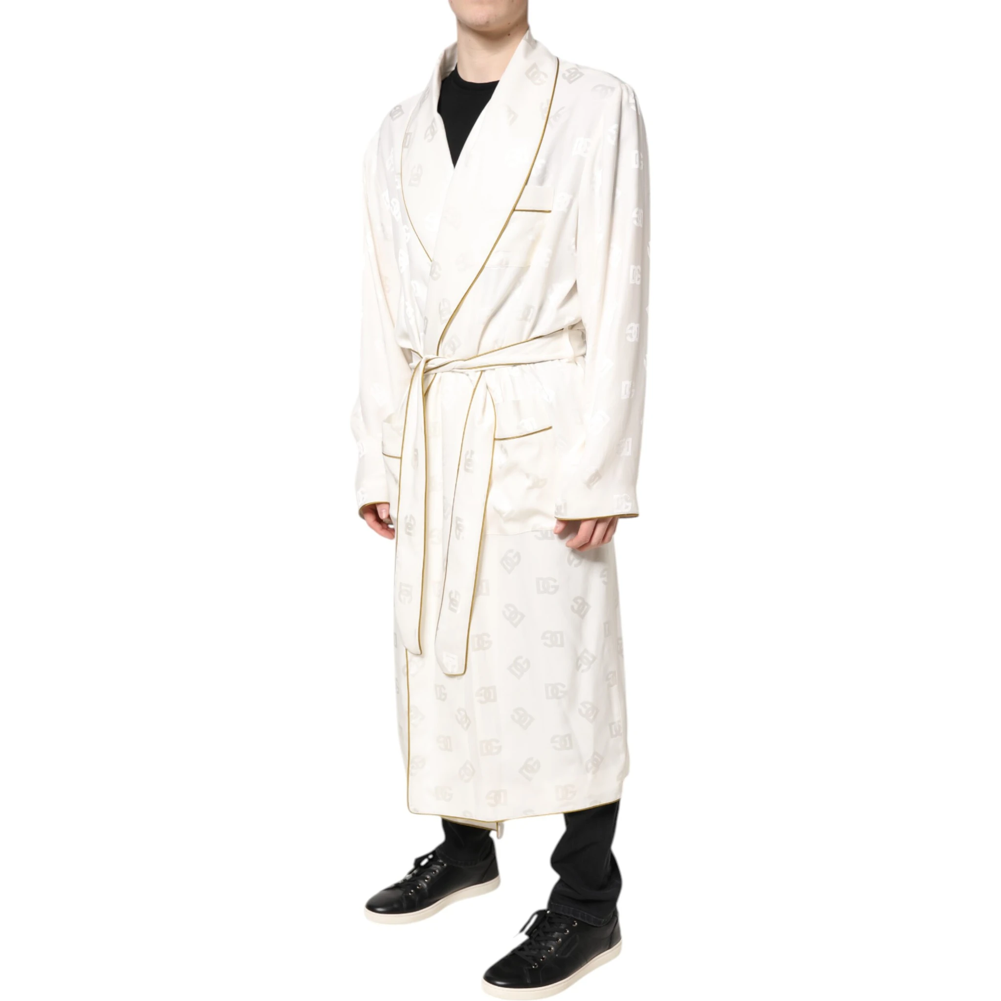 Ivory Silk Logo Men Wrap Robe Coat Jacket