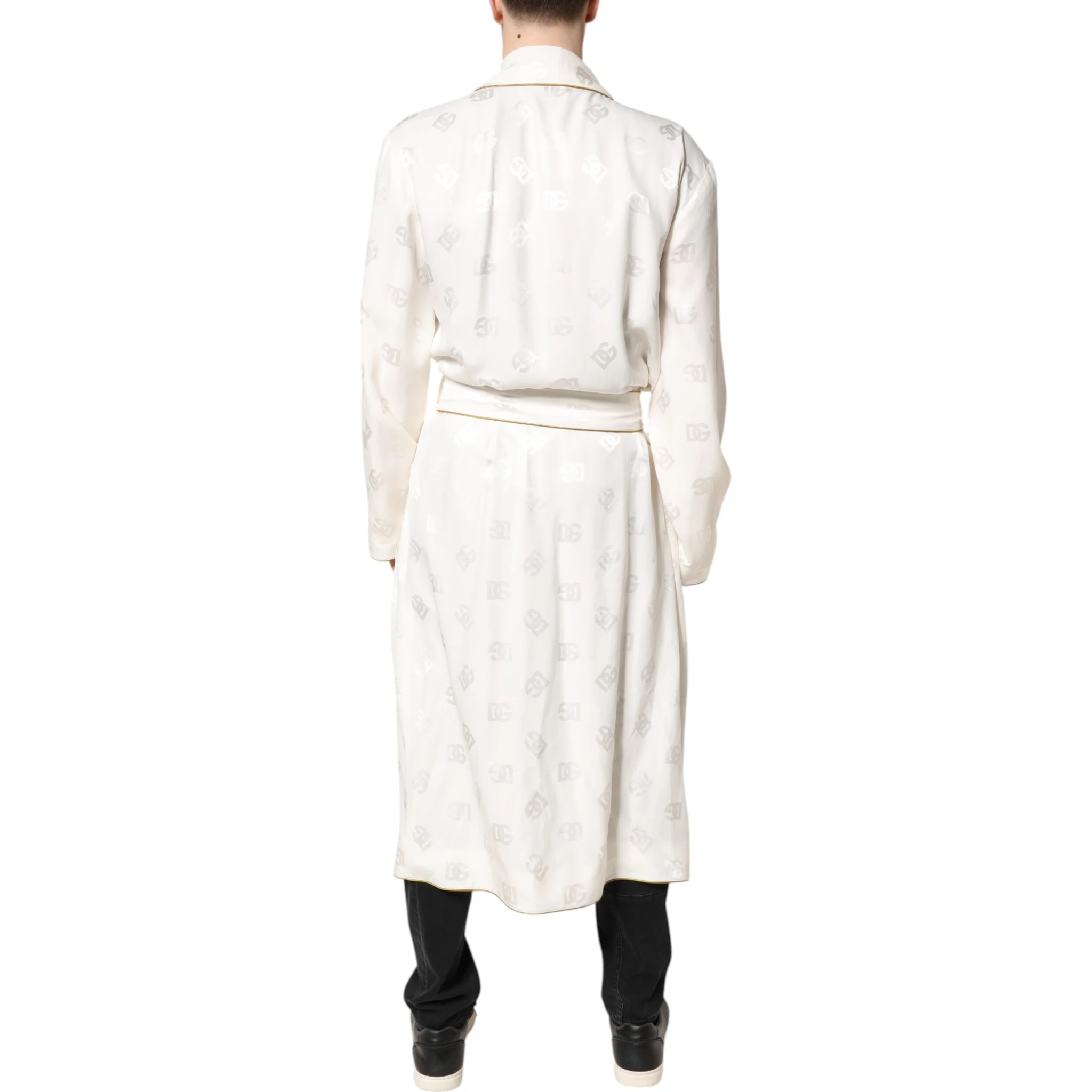 Ivory Silk Logo Men Wrap Robe Coat Jacket