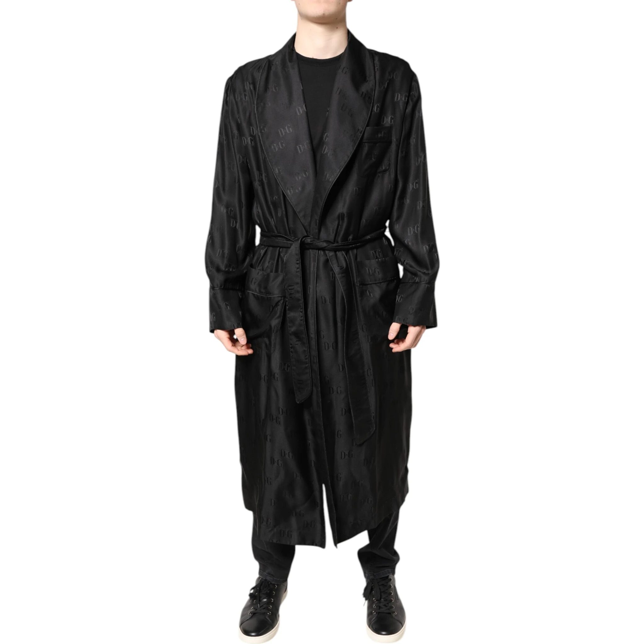 Black Silk DG Logo Men Wrap Robe Coat Jacket