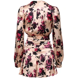 Pink Floral Silk Long Sleeves V-neck Wrap Mini Dress