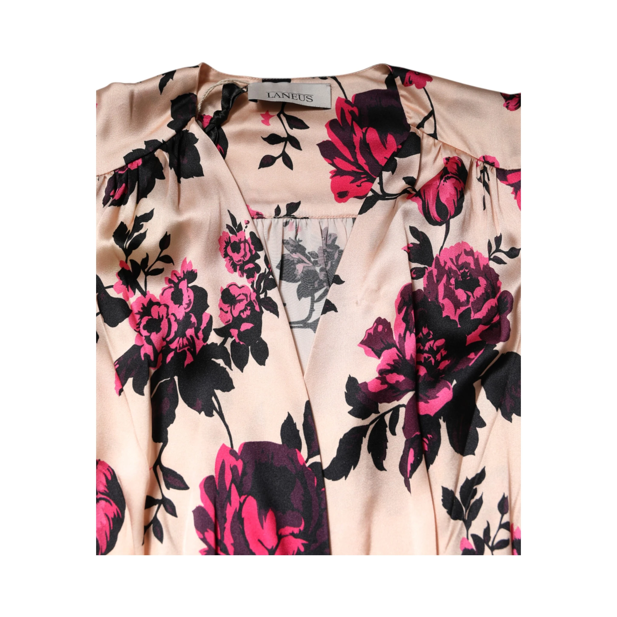 Pink Floral Silk Long Sleeves V-neck Wrap Mini Dress