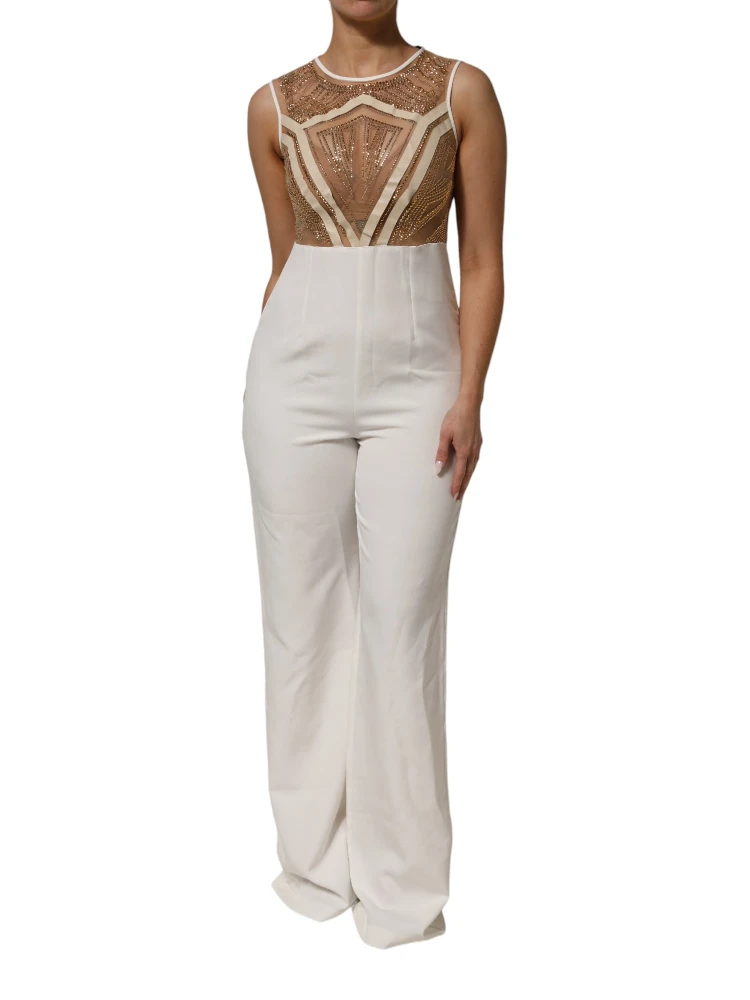 White Beige Mesh Crystal Embellished Sleeveless Jumpsuit alternative